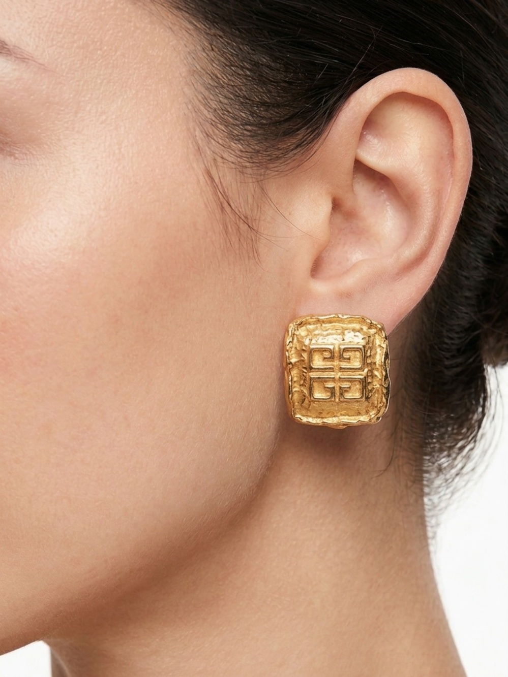 Givenchy Textured Gold Square Logo Clip-On Earrings